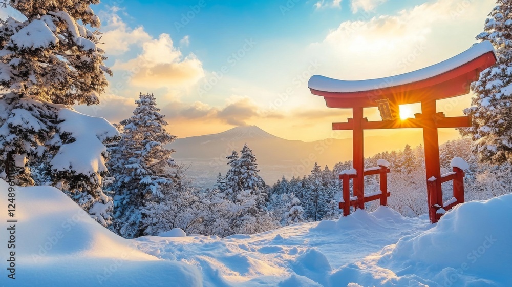 Scenic winter landscape with torii gate and mount fuji bathed in golden sunset light Scenic winter landscape with torii gate and mount fuji bathed in golden sunset light