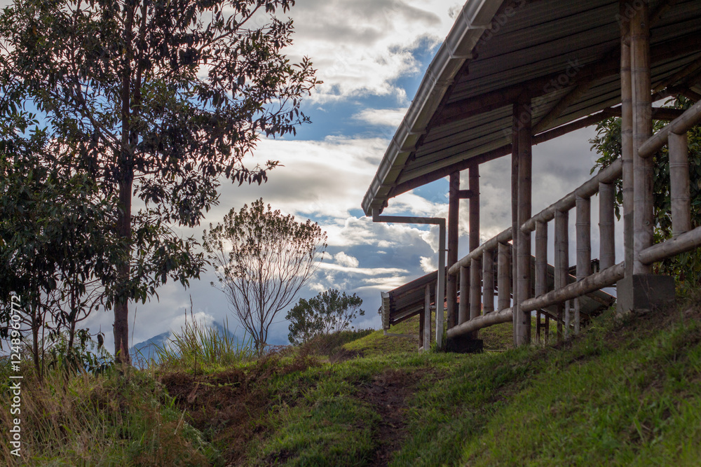 Fototapeta premium Tierradentro, Inza, Cauca, Colombia. Panoramic view of the Alto del Aguacate. National Archeological Park of Tierradentro. Pre-Columbian hypogea. Cloudy dramatic sky.