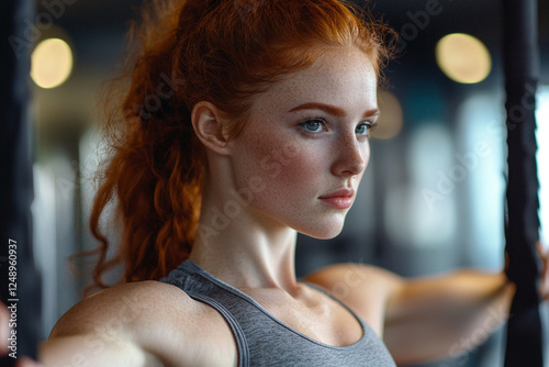 Adult sportswoman doing sports in the gym, redhead, advertising photo photo