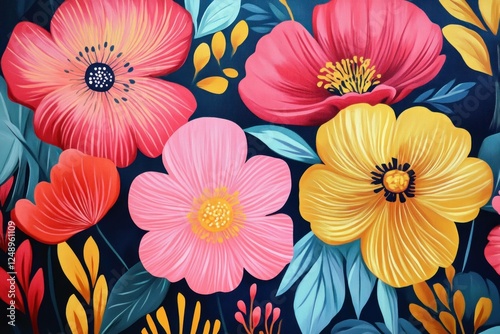 Wallpaper Mural Vibrant floral pattern with red, pink, and yellow flowers on a deep blue background, showcasing a lively design ideal for spring or summer decor Torontodigital.ca