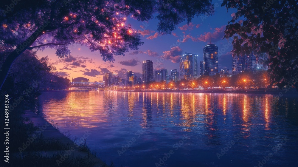 Obraz premium A serene riverside cityscape at dusk, with reflections on water and vibrant sky colors.