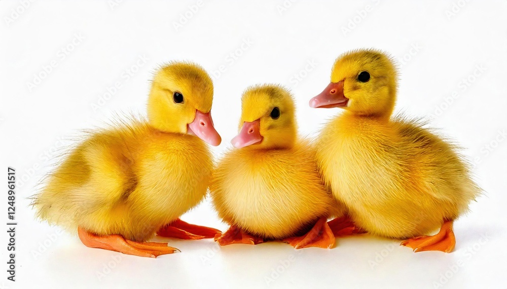 Three adorable yellow ducklings huddle together on a white background Three adorable yellow ducklings huddle together on a white background