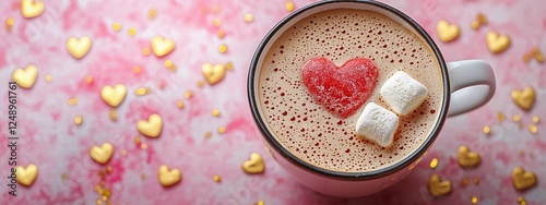 Valentine's Day, Coffee with Marshmallows in Heart Shape in Mug, Top View photo