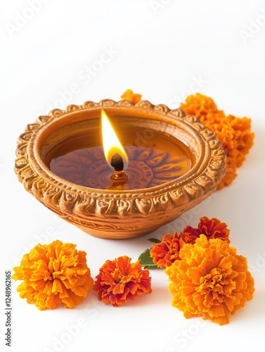 Glowing candle lit in a traditional earthen Diwali lantern, surrounded by brightly colored flower petals.
