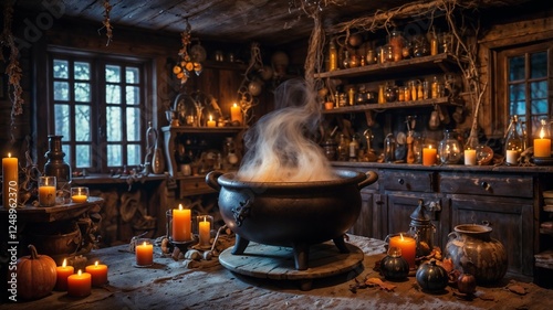 A witch's house with a bubbling cauldron and magical potions, filled with the essence of Halloween enchantment