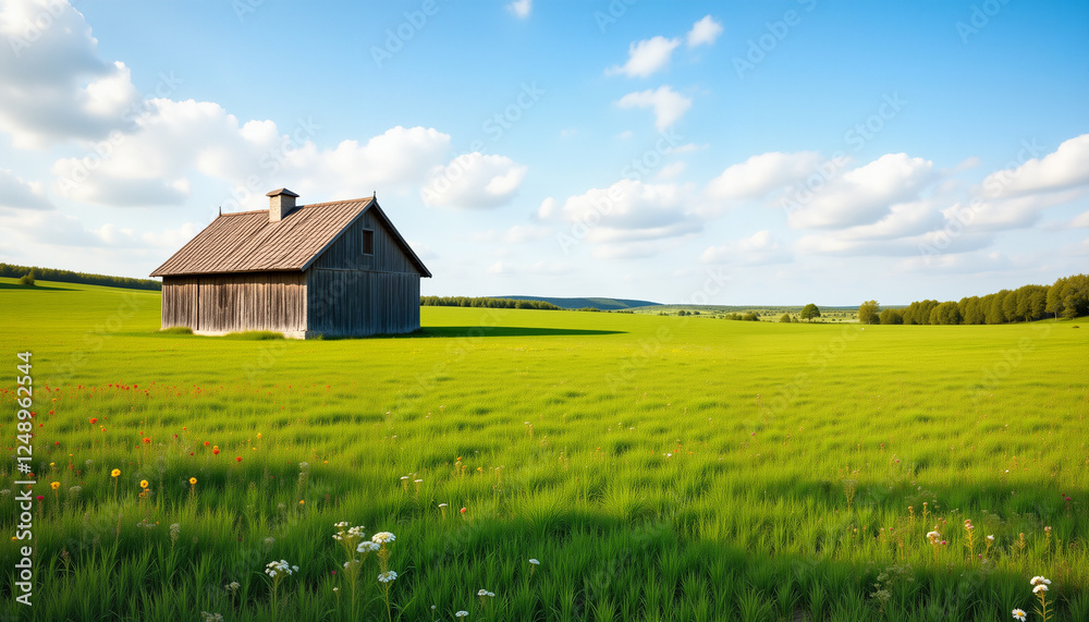 Obraz premium Wooden house on green meadow under blue sky