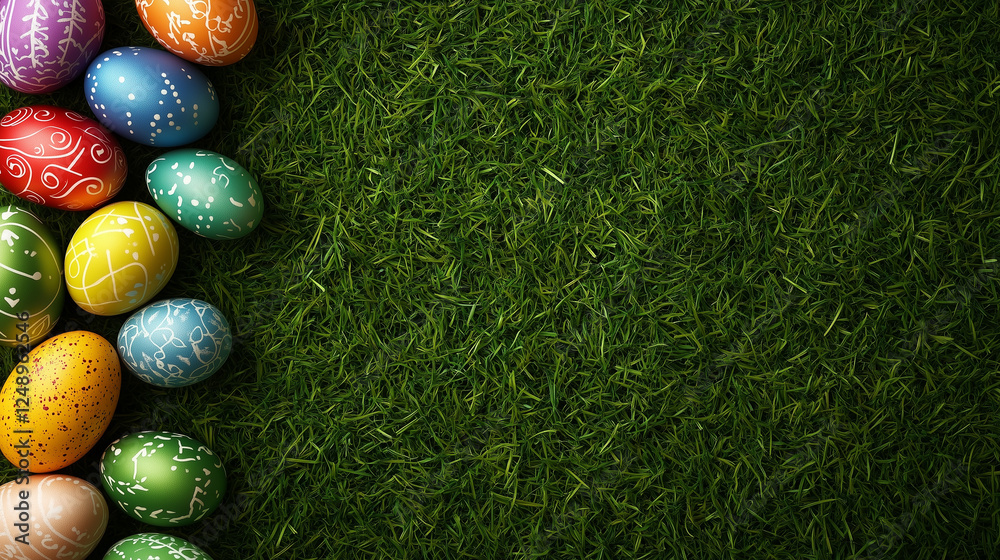 Naklejka premium Grass background with colorful easter eggs