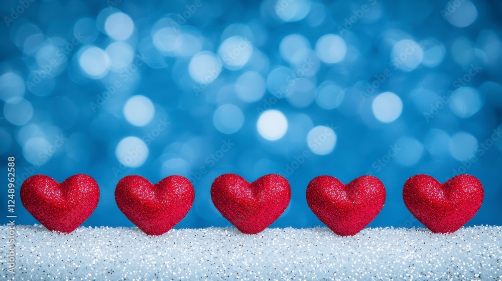 Fototapeta premium Red Glitter Hearts On Silver Glitter Background With Bokeh