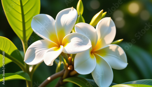White flowers blooming against a green background, spring flowers