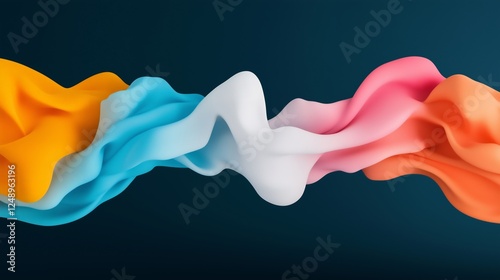 Abstract background with colorful wavy shapes, in shades of dark blue, orange, pink, and white, with smooth curves.