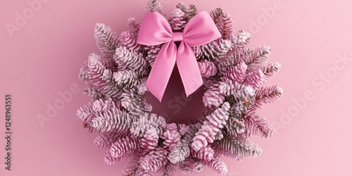 A festive pink bow wreath with pinestraw and fairy lights, perfect for home decor during holidays like Christmas. photo
