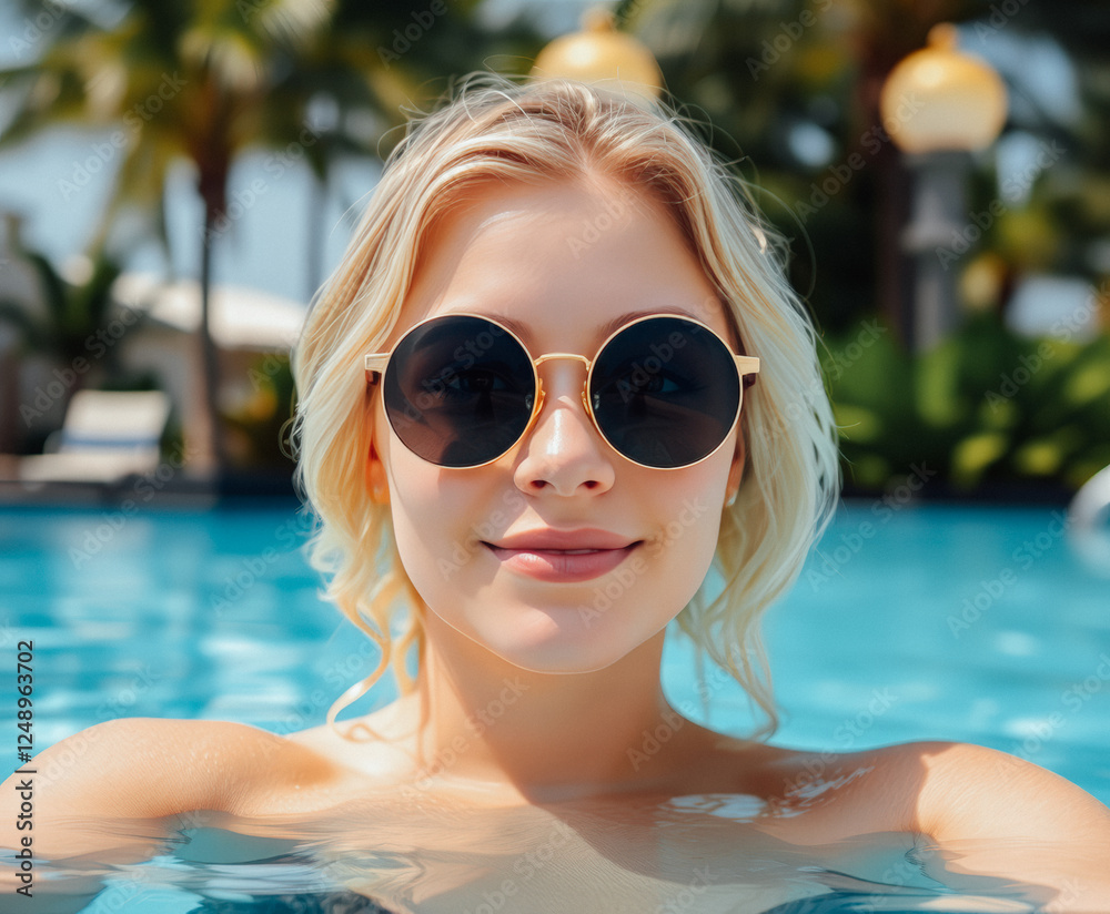 Smiling woman wearing stylish sunglasses relaxing in a pool under the sun with palm trees in the background. Smiling woman wearing stylish sunglasses relaxing in a pool under the sun with palm trees in the background.