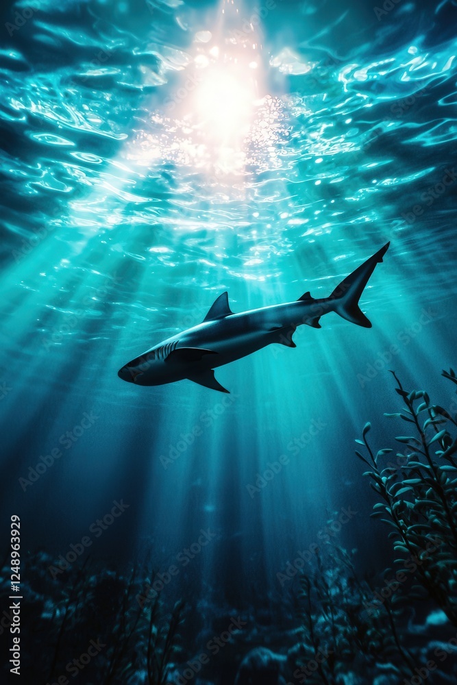 Obraz premium Hammerhead shark in a surreal underwater world with glowing plants