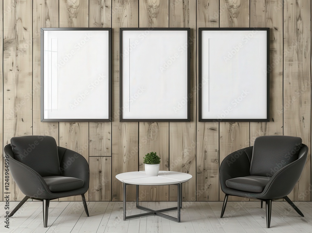 Fototapeta premium Three empty black frames hanging on a wooden wall with two armchairs and a small coffee table in front