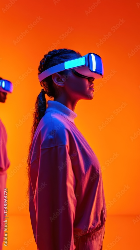 Fototapeta premium Woman VR headset future tech studio orange background