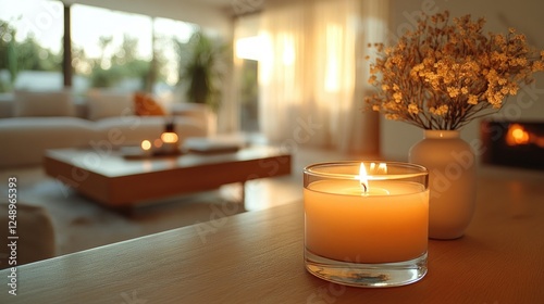 Cozy Evening at Home: A Scented Candle Illuminates a Tranquil Living Room