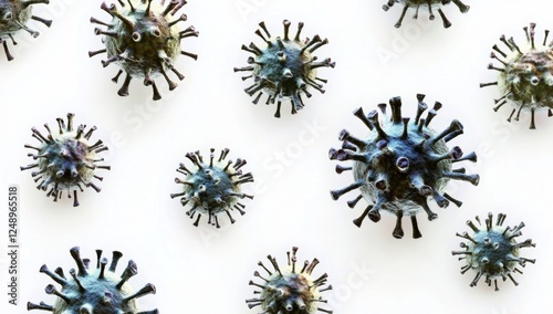 Microscopic virus particles on white background, 3D render, medical illustration