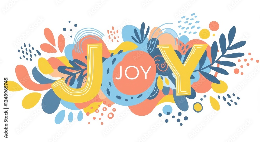 Vibrant Joyful Illustration with 'JOY' Text Amidst Abstract Colorful Shapes, Perfect for Inspirational Design Projects and Home Decor. Vibrant Joyful Illustration with 'JOY' Text Amidst Abstract Colorful Shapes, Perfect for Inspirational Design Projects and Home Decor.