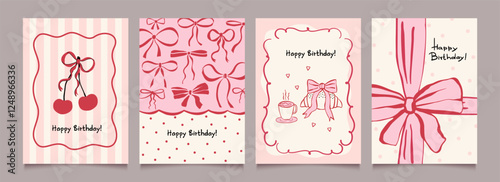 Birthday greeting cards set with bows, ribbons, frames and cherry. Hand drawn design for gifts, posters, banners, invitations and party backgrounds.
