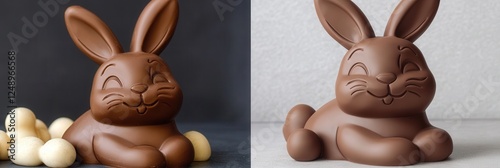 Two intricately crafted chocolate bunny sculptures are positioned side by side, showcasing their delightful features and artistic details. photo