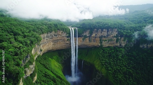 A breathtaking aerial view of a towering waterfall plunging into a deep canyon, framed by misty mountains. --chaos 20 --ar 16:9 --quality 2 --v 6.1 Job ID: a6d13685-39bf-4b06-a085-59a3d083b5f1