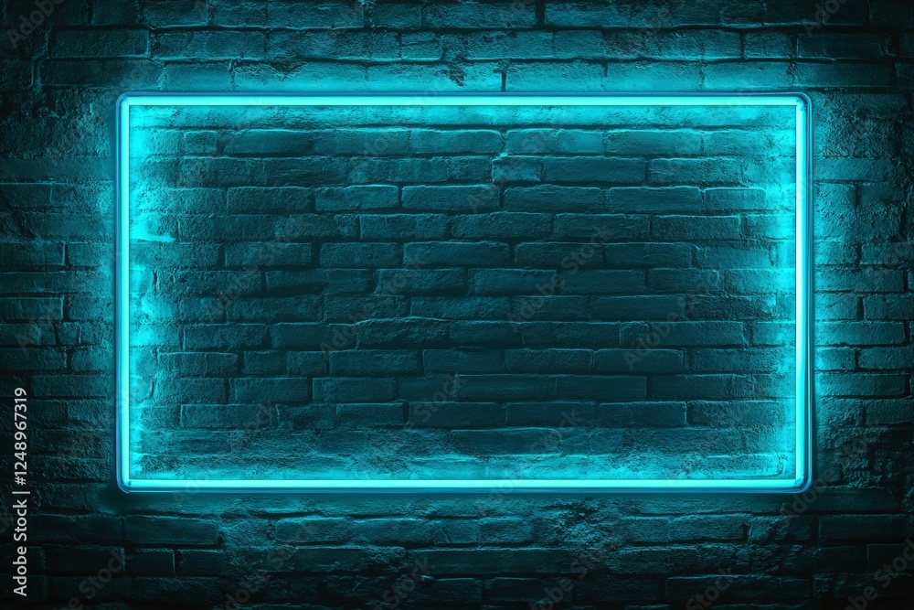 Cyan Neon Frame Brick Wall Background Design Cyan Neon Frame Brick Wall Background Design