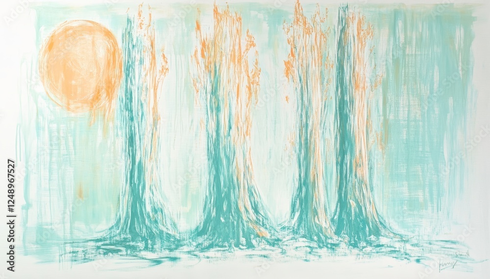 Abstract landscape painting with stylized trees, pale green and light teal colors, pale beige background and an orange sun. Soft pastel tones create Abstract landscape painting with stylized trees, pale green and light teal colors, pale beige background and an orange sun. Soft pastel tones create