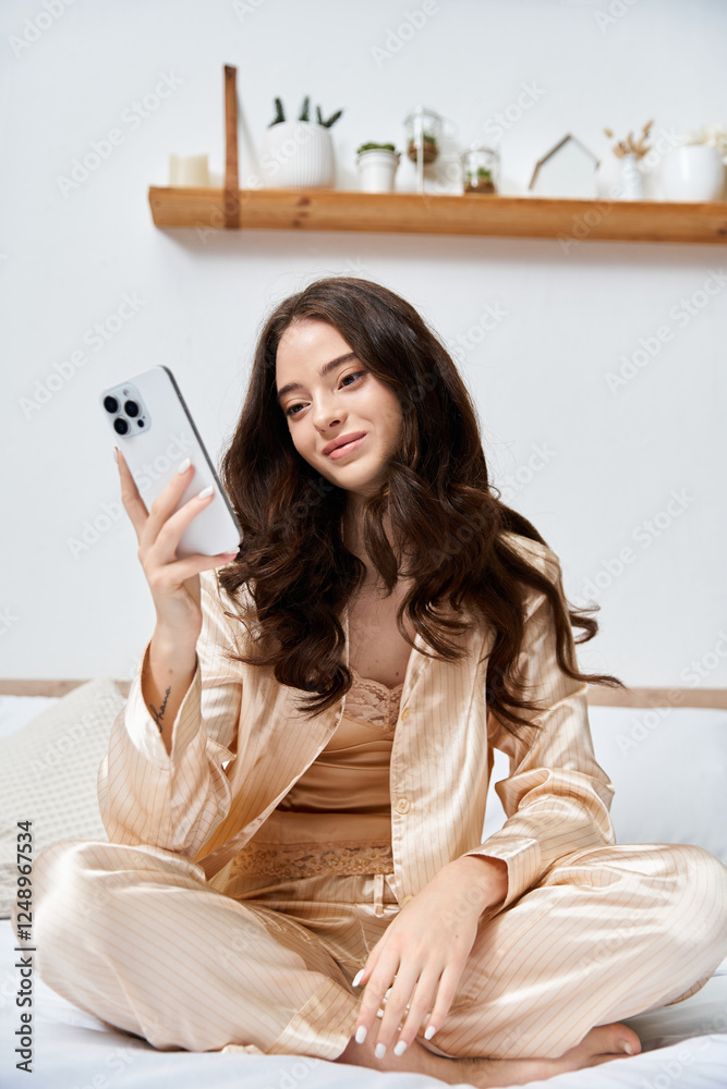 Bright morning moments with a beautiful young woman enjoying her smartphone in cozy surroundings Bright morning moments with a beautiful young woman enjoying her smartphone in cozy surroundings