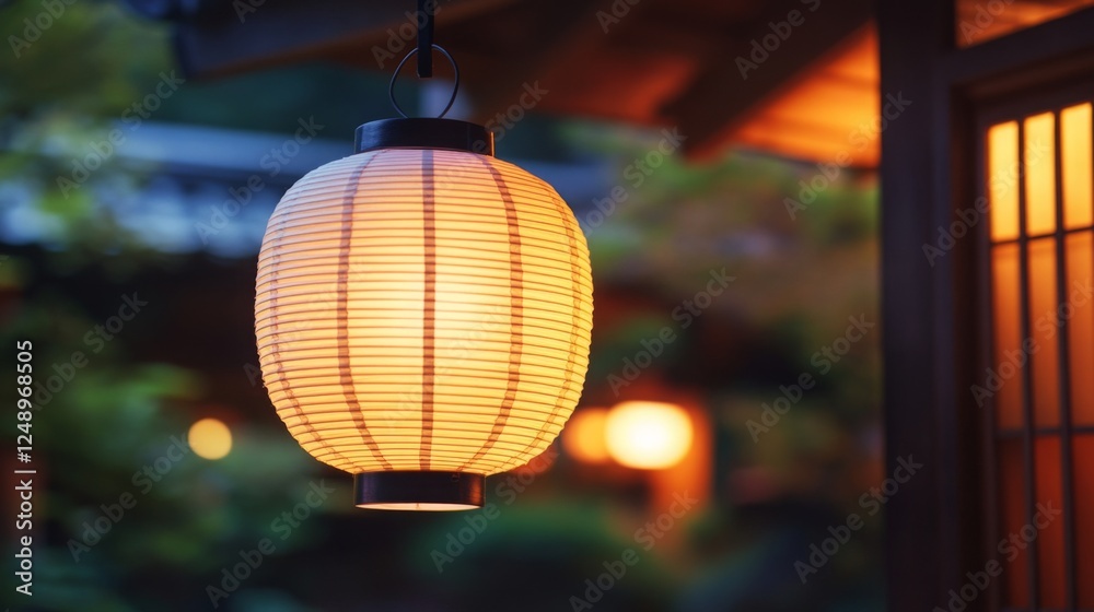 Fototapeta premium Warm glowing lantern illuminates a tranquil japanese evening scene in soft focus depth