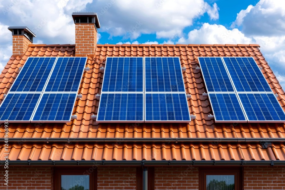 Fototapeta premium minimal photostock of a Close-up building with solar panels on the roof. Sustainable and clean energy at home , isolated on white background, , copy space, copy space for text,