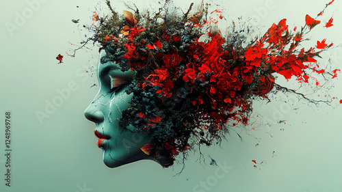 Creative surreal dark portrait with red splash explosion mind concept digital art meditation fantasy