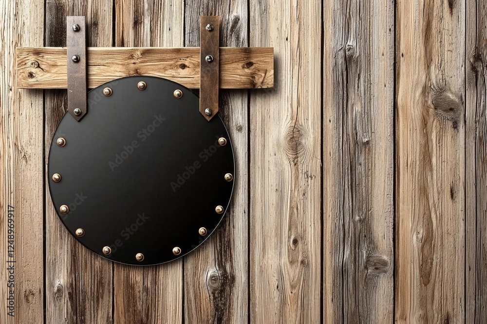 Fototapeta premium minimal photostock of a Blank round black signboard on the wall outdoor, mock up for logo design, brand presentation for companies, shops