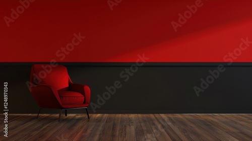 Red armchair in a minimalist room with a black and red wall. wooden floor. and sunlight shining on the wall