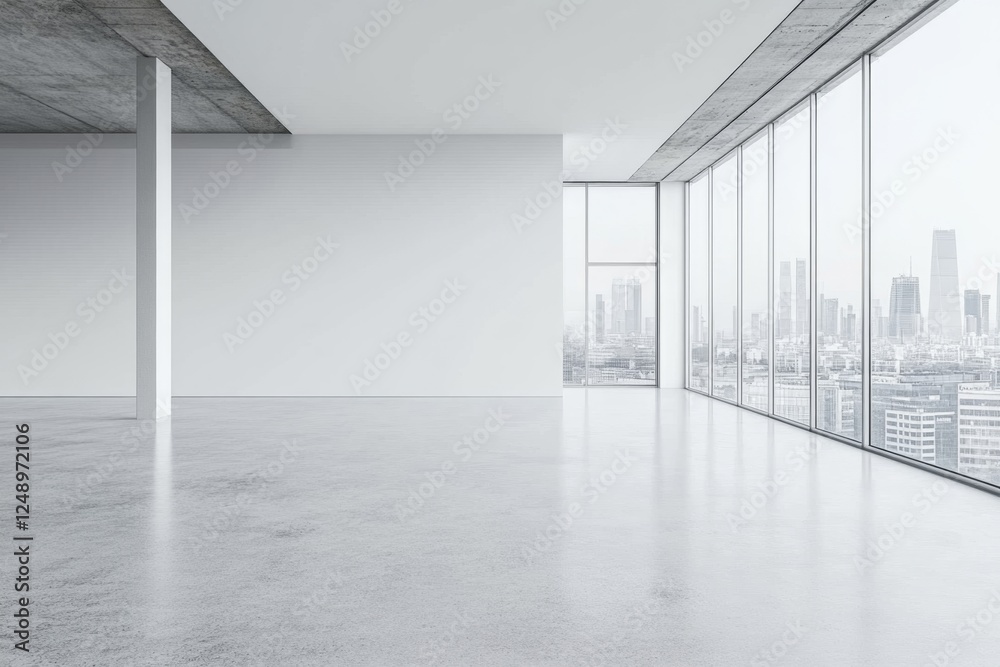 Fototapeta premium Modern empty office, city view, concrete floor, highrise
