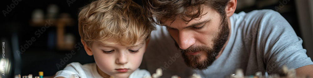 Obraz premium Father and Son Interacting with Small Objects