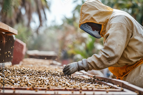 A beekeeper in a protective suit inspects a hive photo