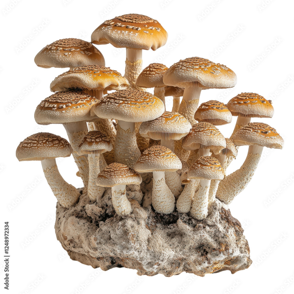 A cluster of mushrooms with textured caps and slender stems, showcasing earthy tones and a natural, organic appearance. A cluster of mushrooms with textured caps and slender stems, showcasing earthy tones and a natural, organic appearance.