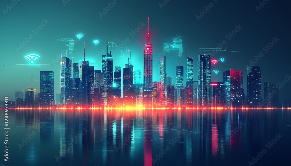 Obraz premium A futuristic city skyline with digital network connections and floating wifi symbols, illustrating smart city technology and connectivity, sleek design, glowing accents