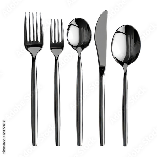 A sleek set of black cutlery including forks, spoons, and a knife, showcasing modern design and polished finish.