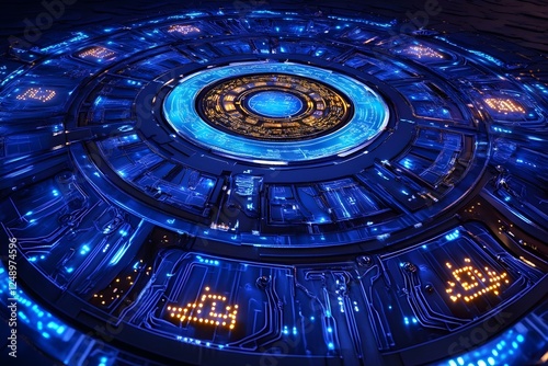 Wallpaper Mural A futuristic, circular interface with glowing blue lights, intricate circuitry, and digital patterns, suggesting advanced technology. Concept Futuristic Interface Design, Glowing Blue Aesthetics Torontodigital.ca
