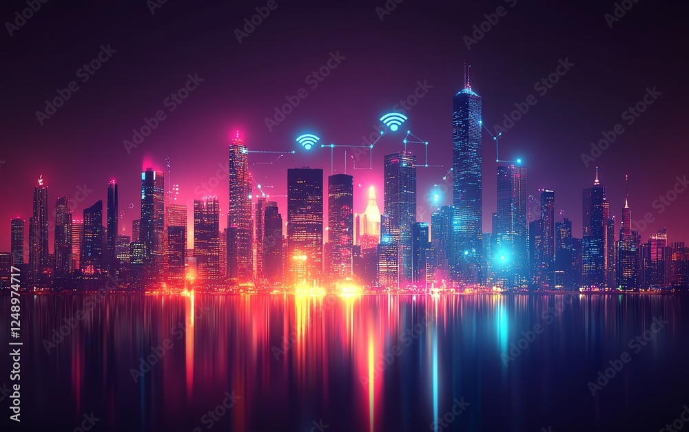 Obraz premium City skyline with wifi symbols and digital network flows, representing the advanced infrastructure of a smart city, glowing lights, modern, sleek design