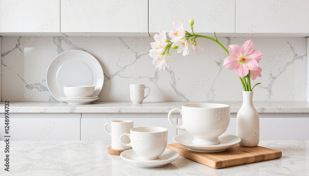 Obraz premium Elegant porcelain dinnerware with flowers on a minimalist counter, luxury