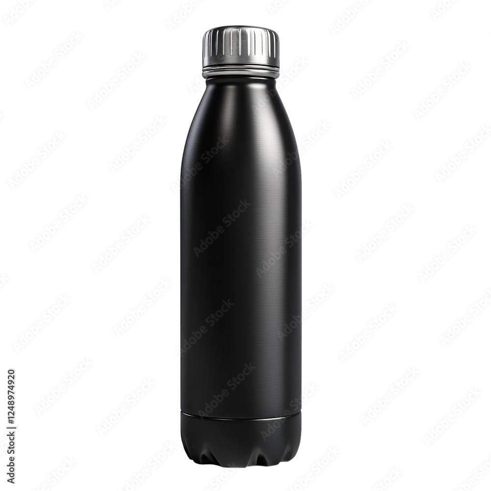 A sleek, black metallic water bottle with a screw cap, featuring a smooth surface and ergonomic design. A sleek, black metallic water bottle with a screw cap, featuring a smooth surface and ergonomic design.