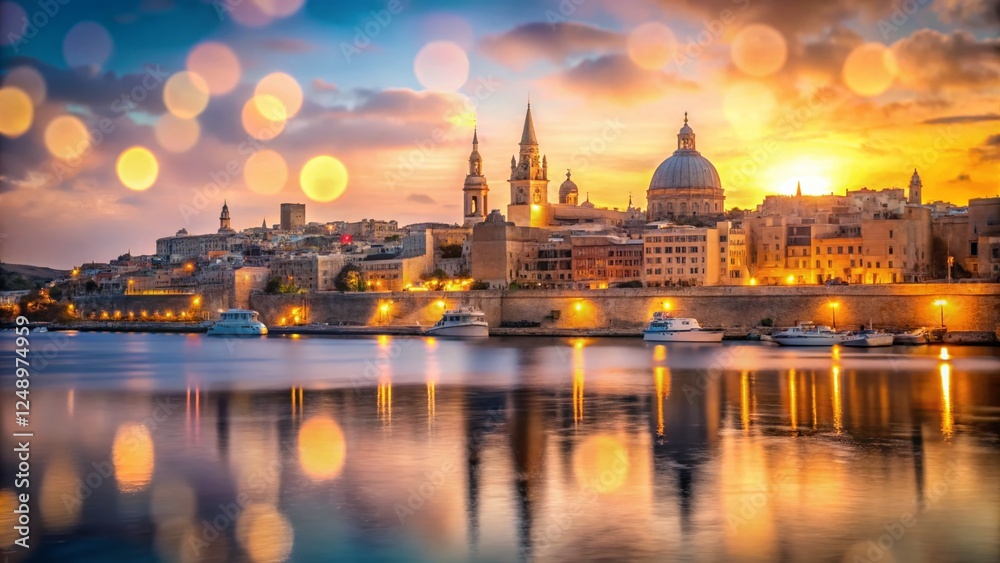 Fototapeta premium Breathtaking Valletta Bay Panorama with Bokeh Lights at Dusk