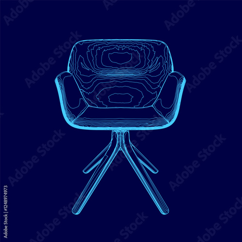 A chair is shown in a blue color. The chair is made of wood and has a modern design. The chair is shown in a 3D format, which gives it a futuristic look. The chair is not in use