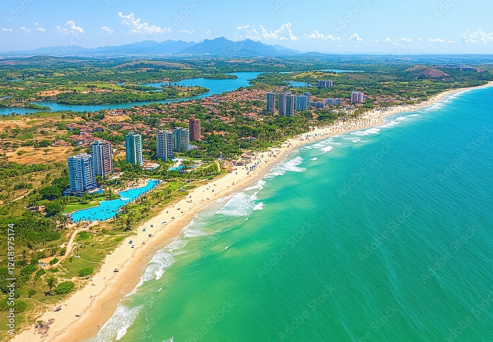 Obraz premium Aerial view of a tropical beach resort town, featuring a sandy beach, turquoise water, and modern buildings lining the coastline. Lush greenery, and