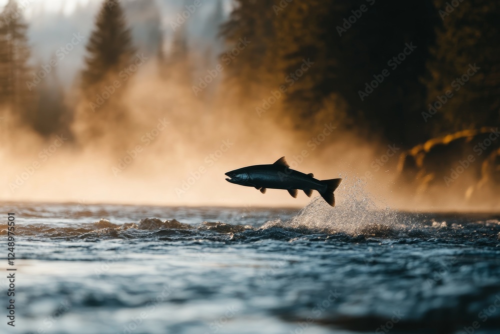 Fototapeta premium Salmon leaps from river against backdrop of misty forest at dawn