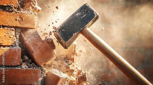 Powerful Demolition of Brick Wall with Hammer