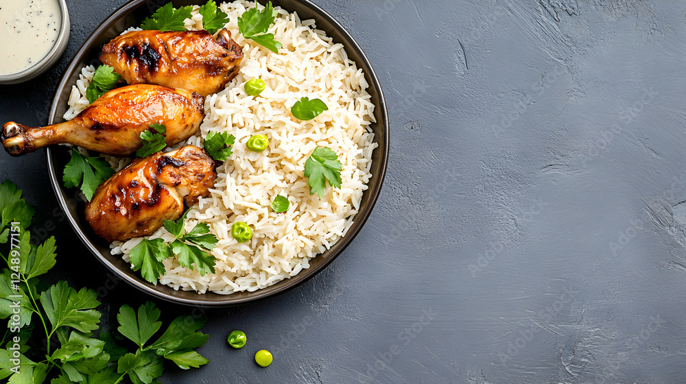 Tasty roasted chicken with perfectly cooked rice and fresh parsley garnish, plated beautifully on dark rustic background. Good for food styling, meal inspiration, restaurant branding. Selective focus Tasty roasted chicken with perfectly cooked rice and fresh parsley garnish, plated beautifully on dark rustic background. Good for food styling, meal inspiration, restaurant branding. Selective focus