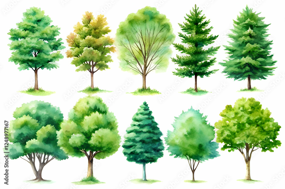 Fototapeta premium Watercolor Tree Collection. Nature's Palette of Green